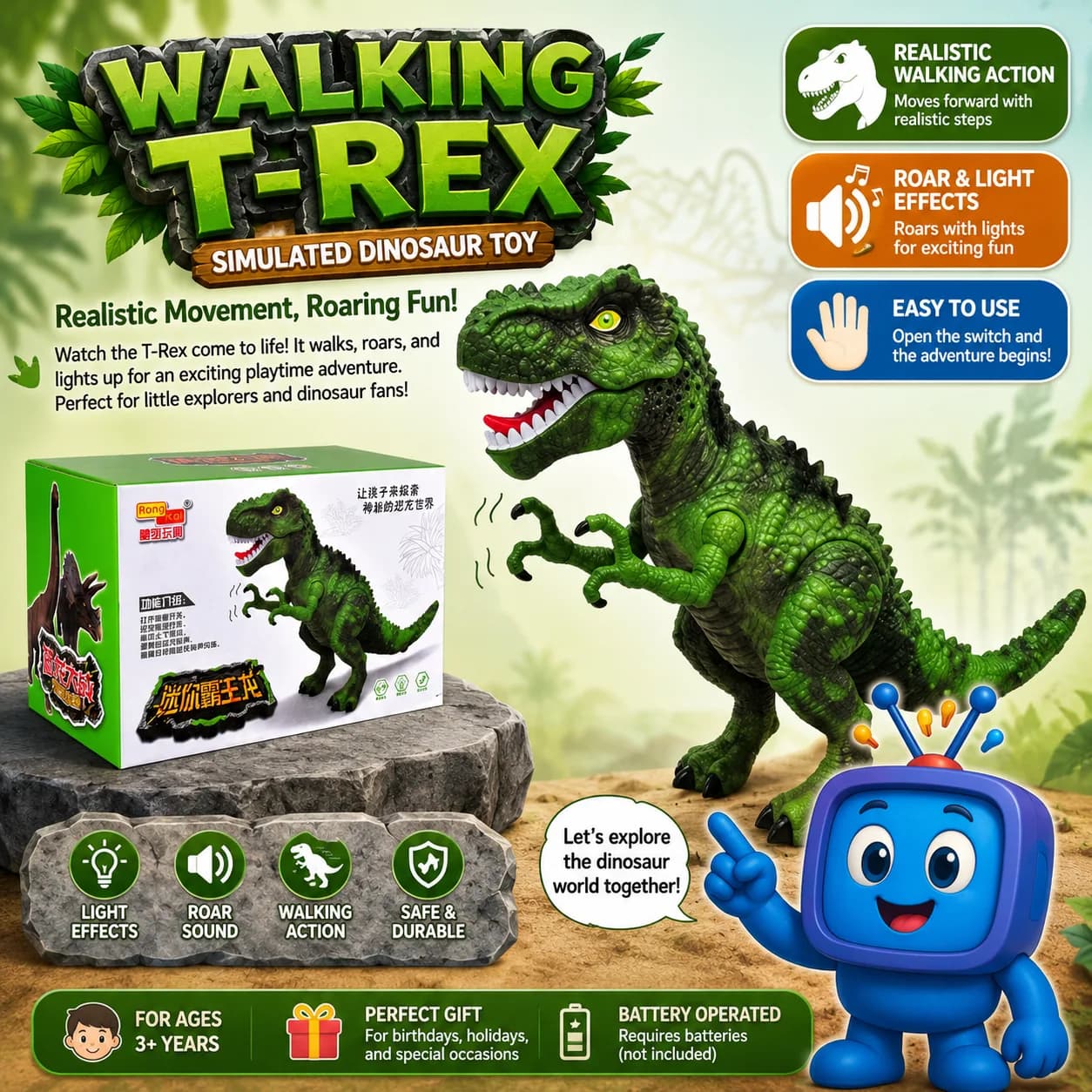Bring the T-Rex to life with realistic walking action, roaring sounds, and glowing light effects. A fun dinosaur toy for kids ages 3 and above. Batteries not included.