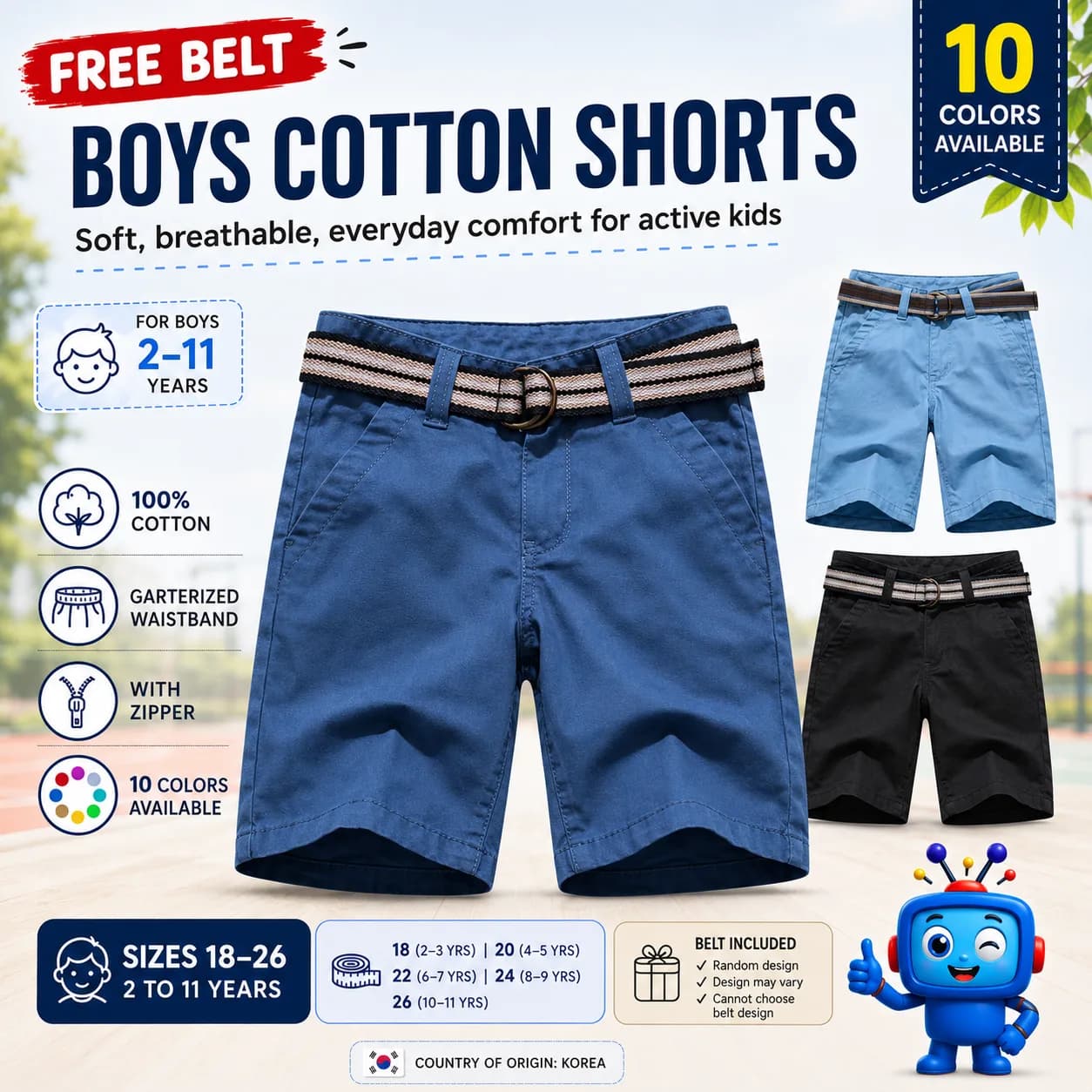 Comfortable everyday shorts for active boys. Made from breathable 100% cotton with a garterized waistband, zipper design, and free belt. Available in multiple colors and sizes for ages 2–11. Great for school, outings, playtime, and casual wear.