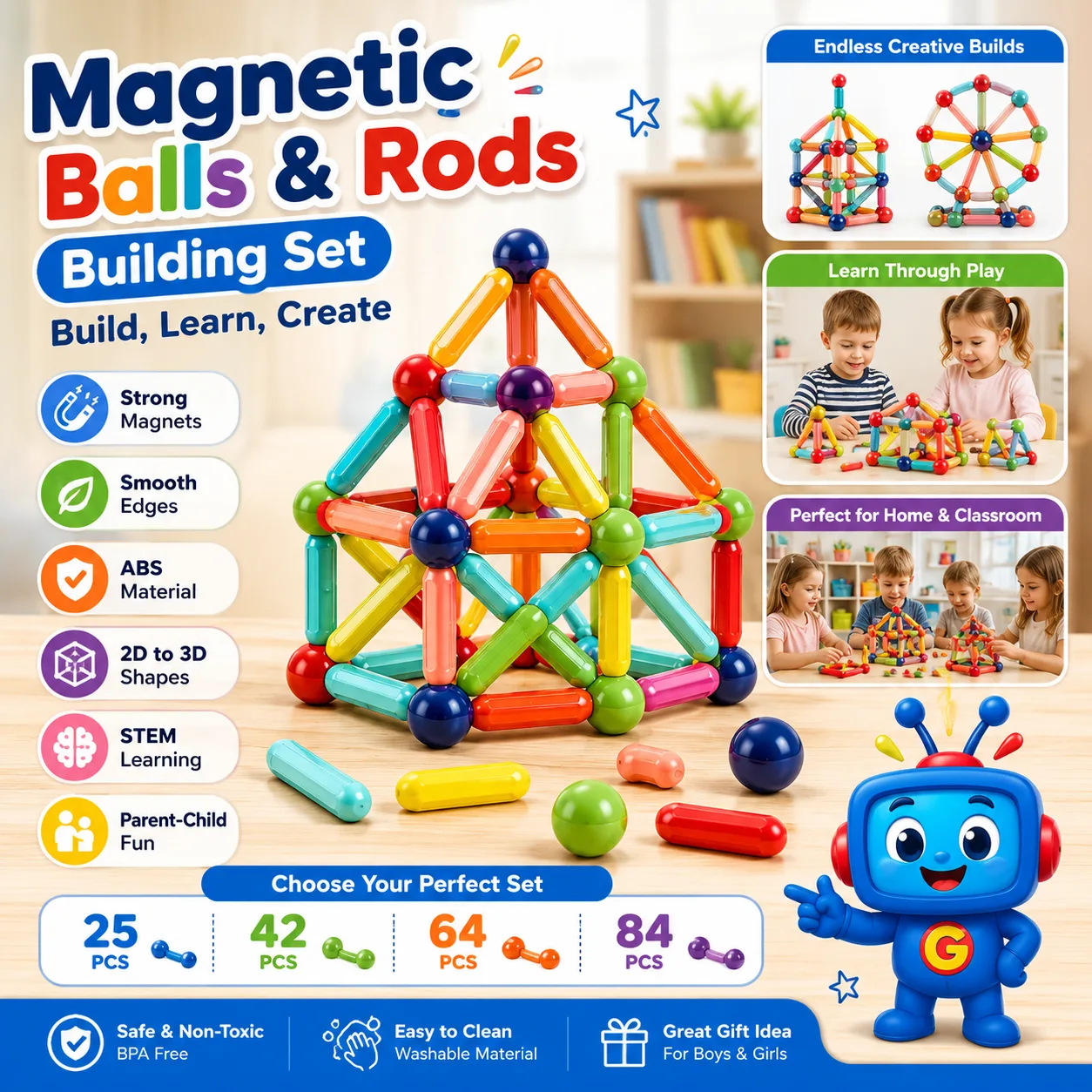 Build colorful 2D and 3D creations with strong magnetic balls and rods. A fun educational toy that supports creativity, spatial thinking, problem-solving, and parent-child play.