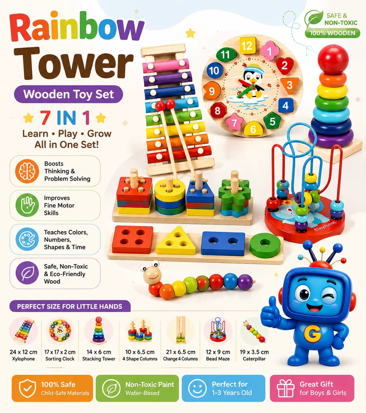 A colorful 7-in-1 wooden activity set with stacking, sorting, music, shapes, numbers, and fine-motor play. A fun hands-on learning toy for toddlers and preschoolers.