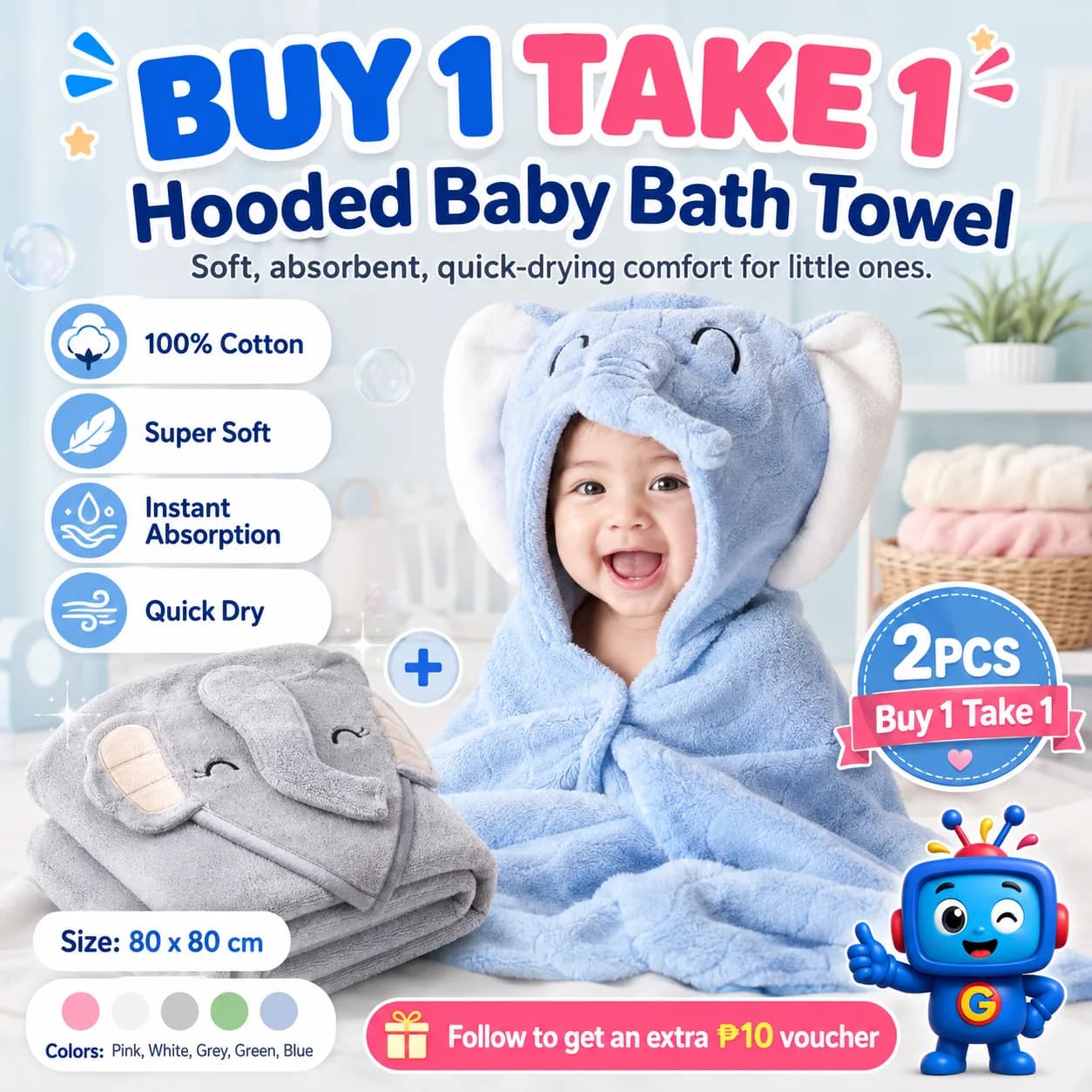 Keep your little one warm, dry, and comfy after every bath with this BUY 1 TAKE 1 hooded baby bath towel set. Made from soft cotton with quick-drying, water-absorbing fabric, it is gentle on delicate skin and perfect for daily use. Each set includes 2 towels in cute animal hood designs, ideal for easy rotation and better hygiene. Size: 80 x 80 cm. Available in pink, white, grey, green, and blue. Follow to get an extra ₱10 voucher.