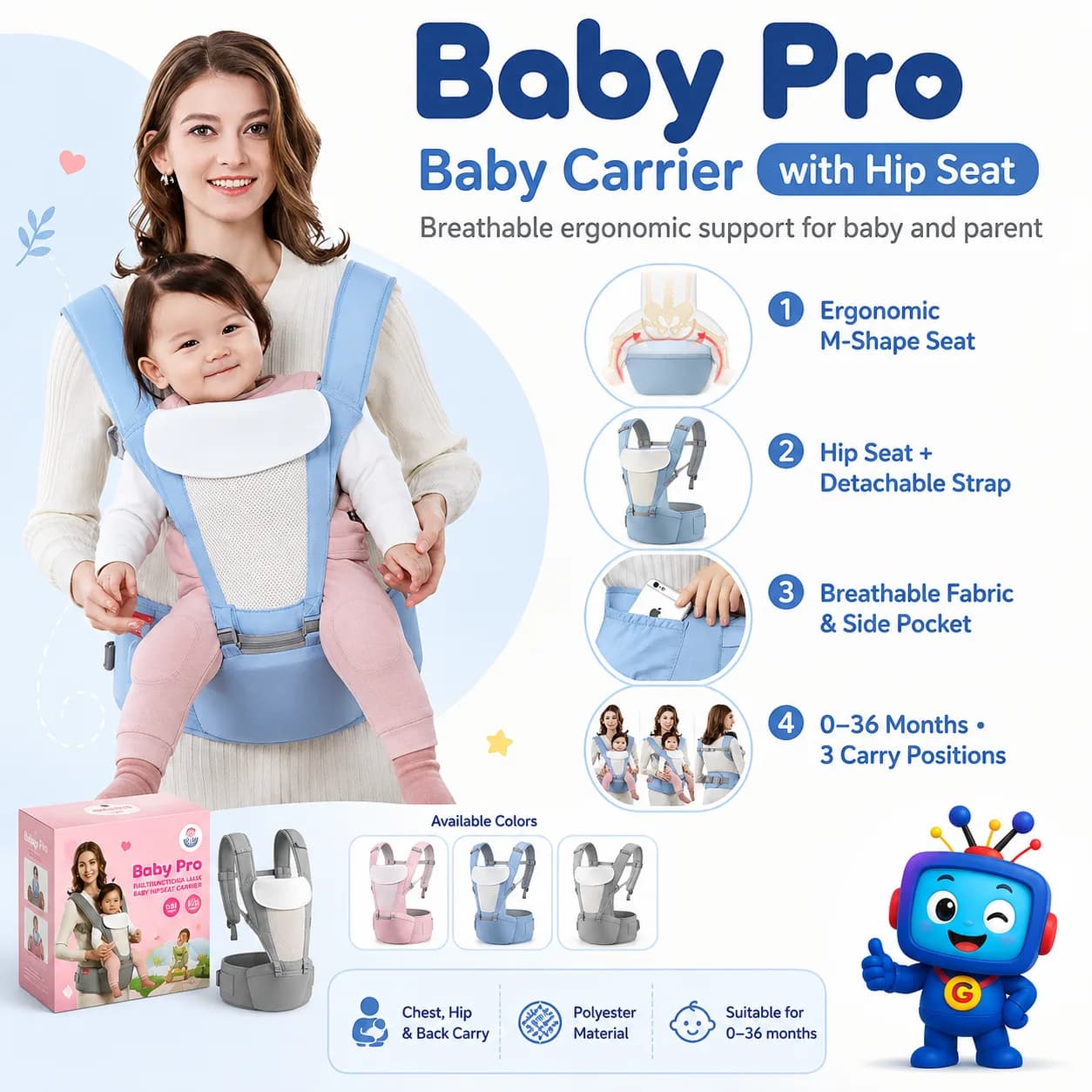 Carry your baby with better comfort and support using the Baby Pro Baby Carrier. It features an ergonomic M-shaped seat, breathable design, detachable strap, side pocket, and multiple carrying positions for chest, hip, and back carry. A practical hands-free pick for babies 0 to 36 months.