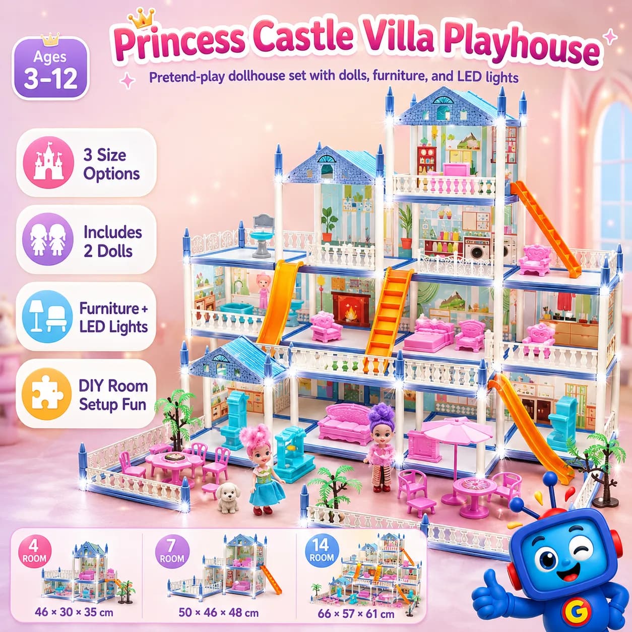 Make playtime feel magical with this Princess Castle Dollhouse Set. It comes with dolls, furniture, and LED lights for a fun pretend-play experience kids will love. Choose from 4-room, 7-room, or 14-room villa styles and let your child build, arrange, and imagine their own dream house. Great for creativity, hand-eye coordination, and birthday gifting for girls ages 3 to 12.