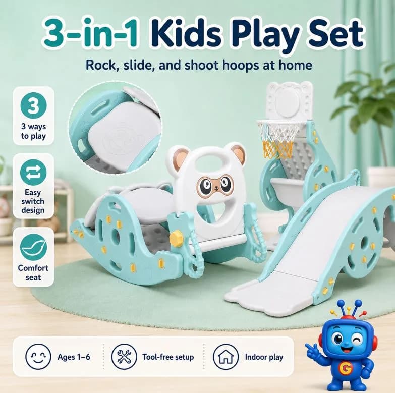 A fun multi-functional indoor play set that transforms into a slide, rocking horse, and basketball stand. Designed with a comfortable seat, easy-switch structure, and tool-free setup for active play at home. Suitable for young children ages 1–6.