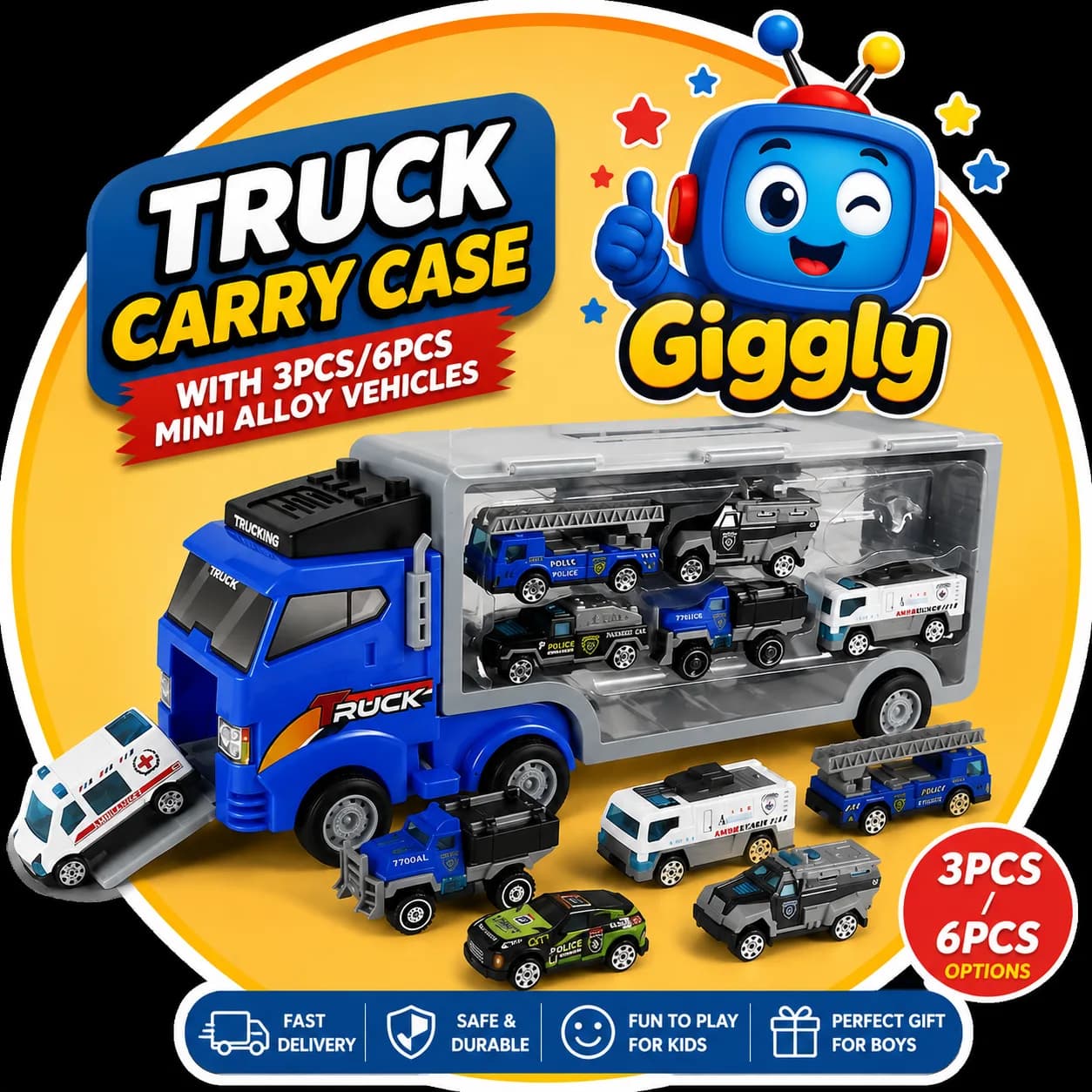 Carry, store, and play with this Truck Carry Case featuring mini alloy emergency and utility vehicles. Available in 3-piece or 6-piece sets, with durable plastic and alloy construction for kids ages 3 and above.