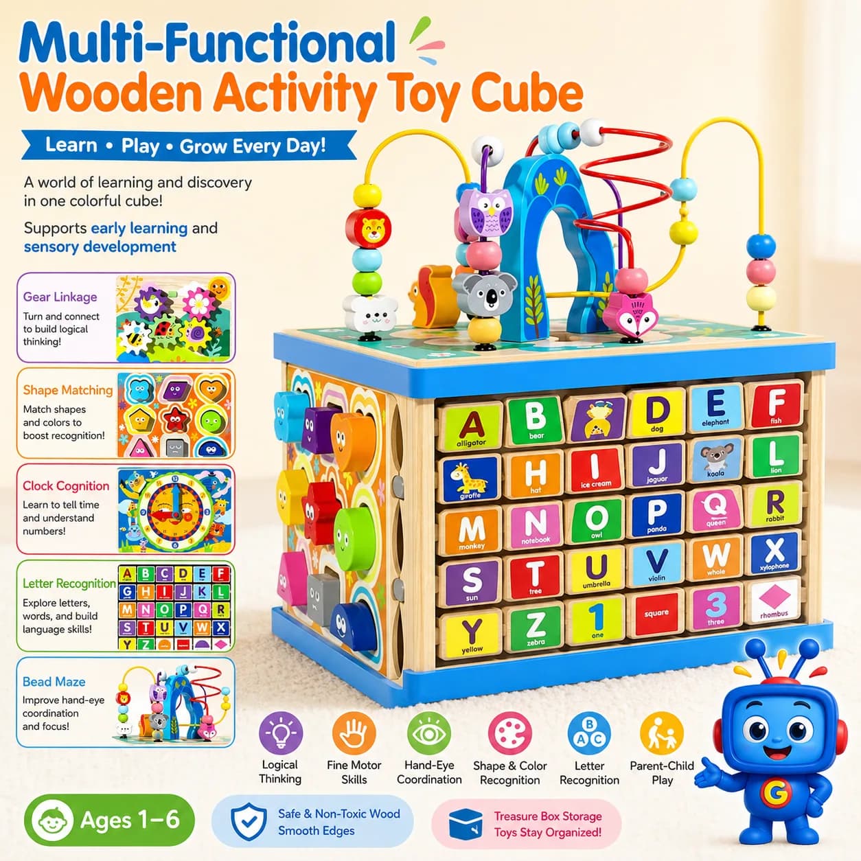 A colorful wooden learning cube with a bead maze, gears, shape matching, clock activities, and letter recognition. It supports fine motor skills, hand-eye coordination, logical thinking, and early learning for children ages 1 to 6.