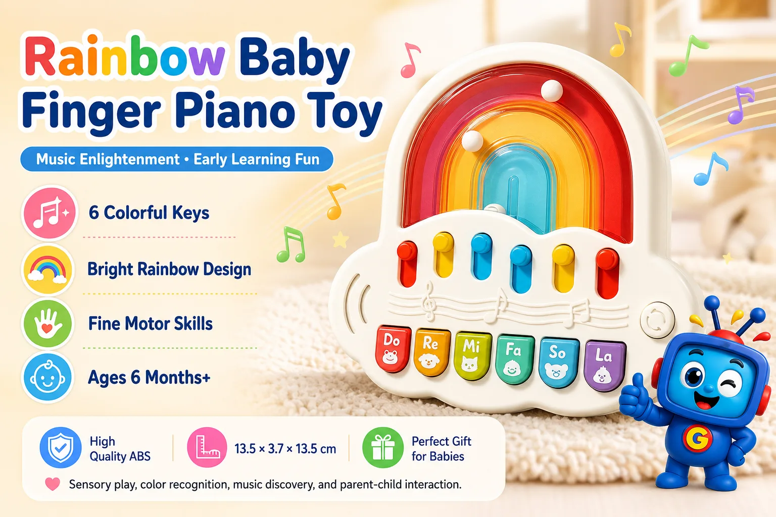 Make early learning more playful with this colorful Rainbow Baby Finger Piano Toy. Designed for little hands, it encourages music discovery, color recognition, sensory play, fine motor skills, and parent-child interaction. Its bright rainbow design and easy-press keys make it a fun learning toy for babies and toddlers. Suitable for ages 6 months+.