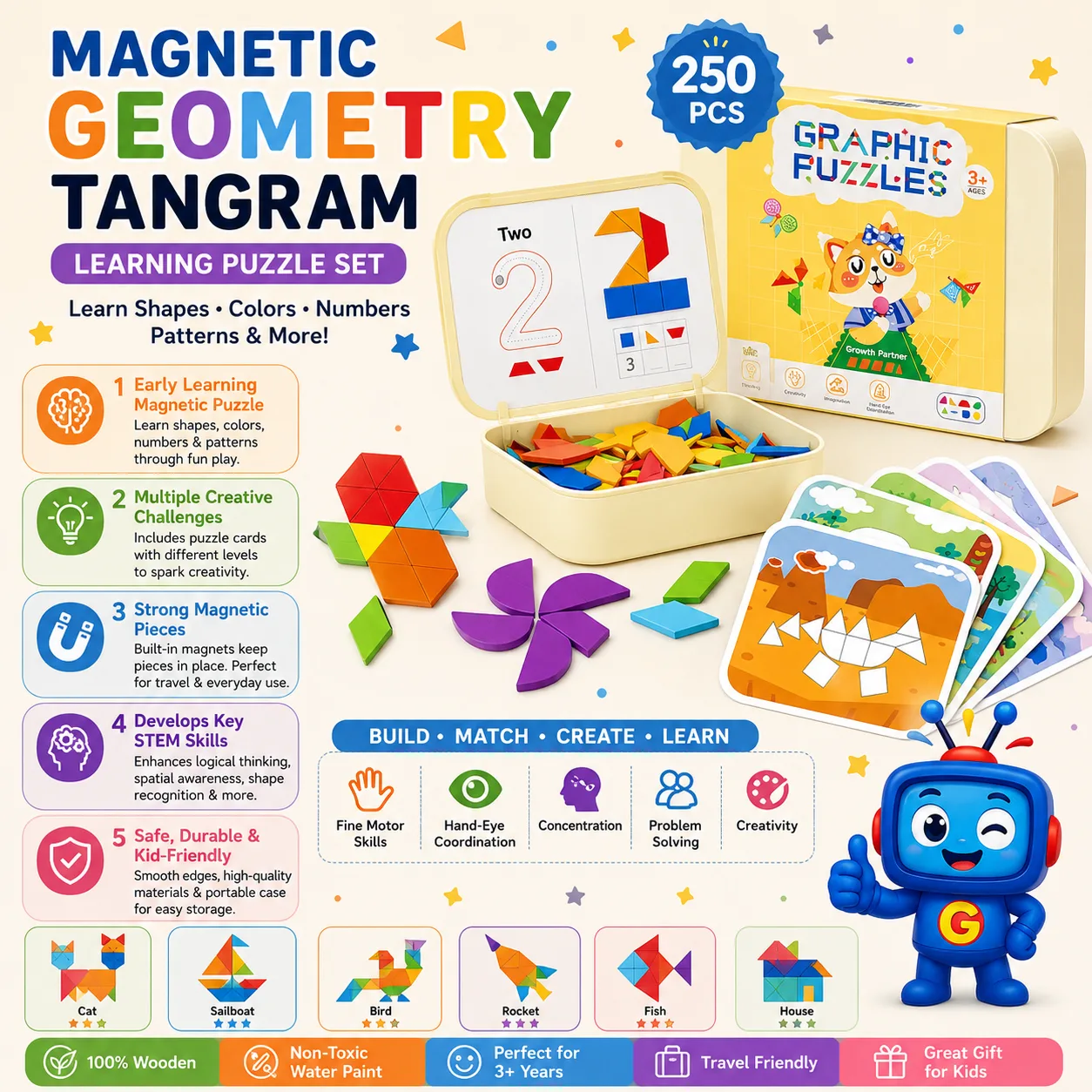 Build, match, and create with 250 colorful magnetic tangram pieces. A fun hands-on learning set for shapes, patterns, problem-solving, and creative play.