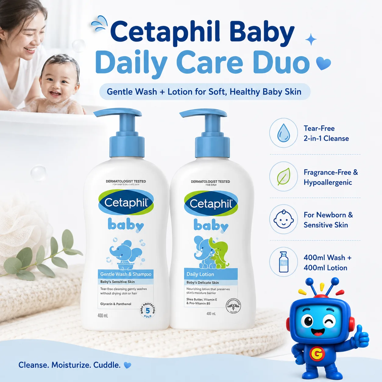 Keep your baby’s skincare routine simple and gentle with the Cetaphil Baby Complete Daily Care set. This bundle includes a 2-in-1 Gentle Wash & Shampoo plus a Hydrating Daily Lotion, both in 400ml pump bottles for easy everyday use. Great for newborns and babies with delicate or dry skin, this set helps cleanse gently and keep skin soft, smooth, and comforted all day. A practical nursery essential for bath time, diaper changes, and daily baby care.
