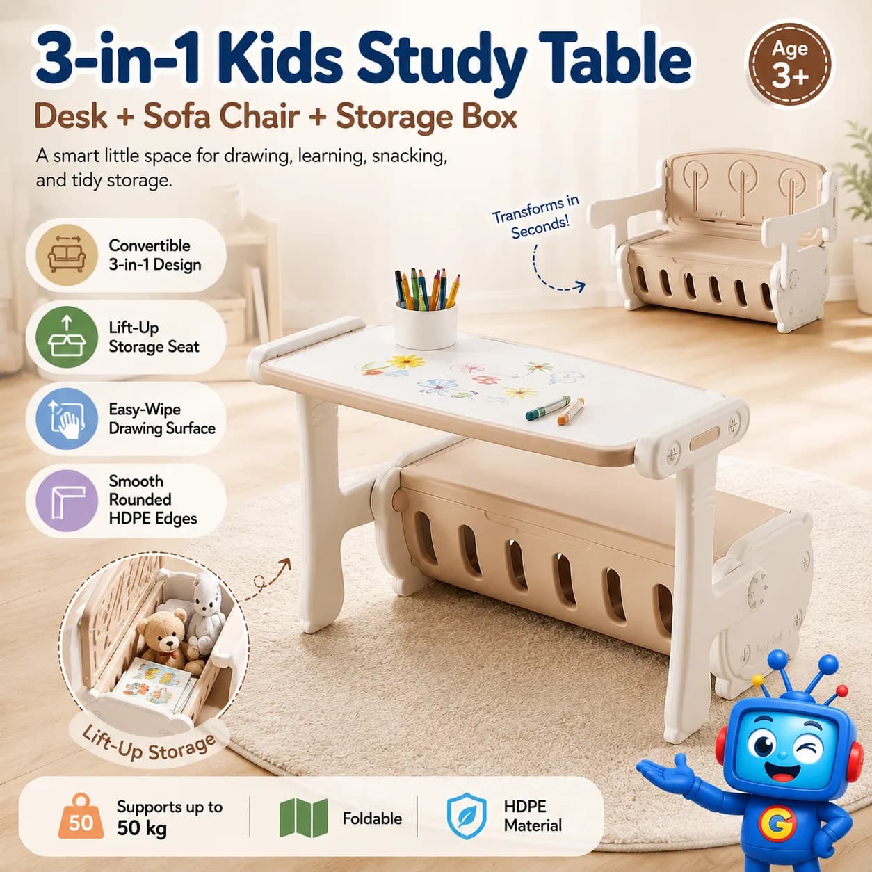 Make every day more fun and organized with this 3-in-1 kids study table. It works as a drawing desk, sofa chair, and storage box in one space-saving design. Made from child-friendly HDPE with smooth rounded corners, a wipe-clean drawing surface, and sturdy support for study, play, snack time, and rest.