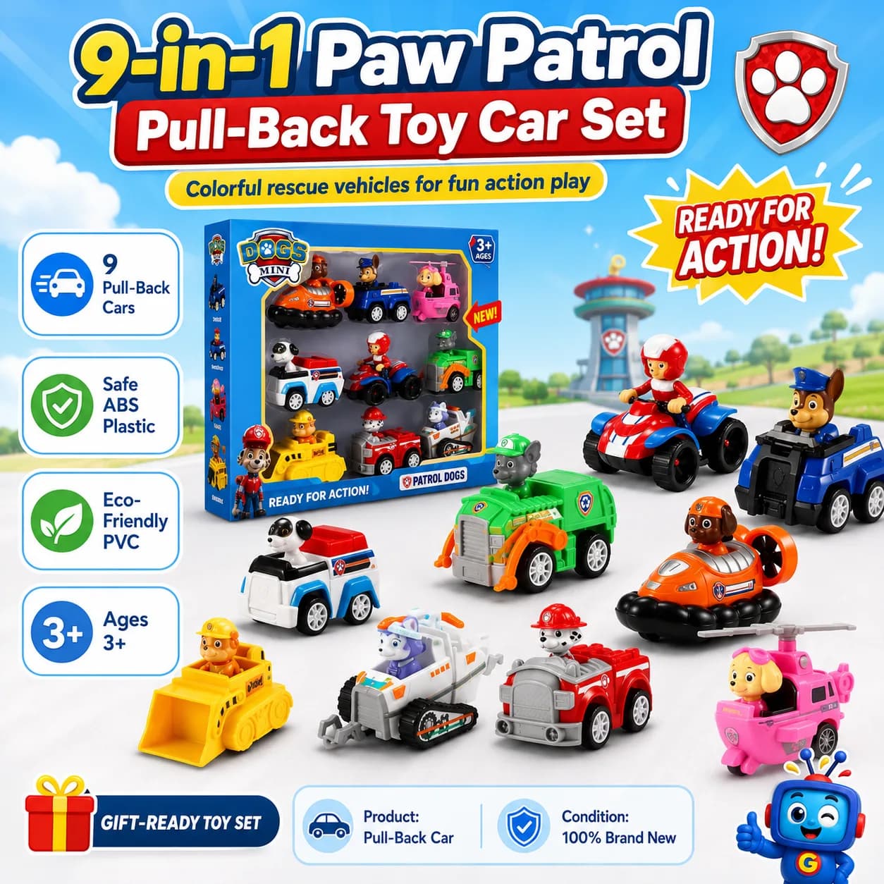 Bring rescue adventures to playtime with this colorful 9-piece pull-back vehicle set. Kids can race, imagine rescue missions, and enjoy hands-on play while building fine motor skills and creativity. Made with kid-friendly ABS plastic and suitable for ages 3+.