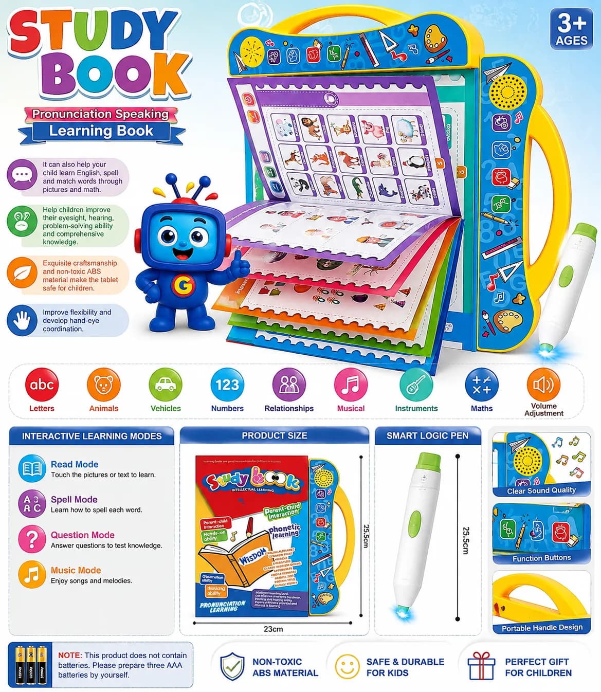 Make early learning more engaging with this interactive English study book featuring pronunciation, spelling, questions, music, pictures, and a smart logic pen. Suitable for children ages 3 and above, with 3 AAA batteries required.
