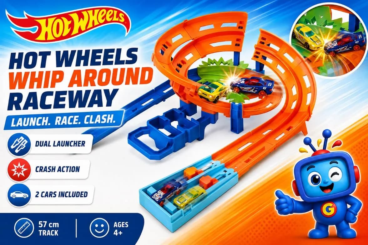 Race into fast-paced fun with the Hot Wheels Action Whip Around Raceway Playset. This exciting track set comes with 2 die-cast cars, a dual launcher, and crash-action racing that keeps kids thrilled from start to finish. A great gift for young car lovers who enjoy speed, stunts, and head-to-head play. Recommended for ages 4+.