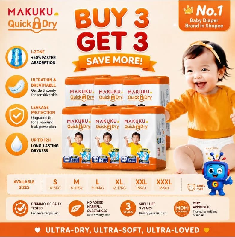 Stock up and save with MAKUKU Quick Dry Baby Diapers. Buy 3 Get 3 with soft, breathable comfort, fast absorption, and leak protection for everyday baby care.