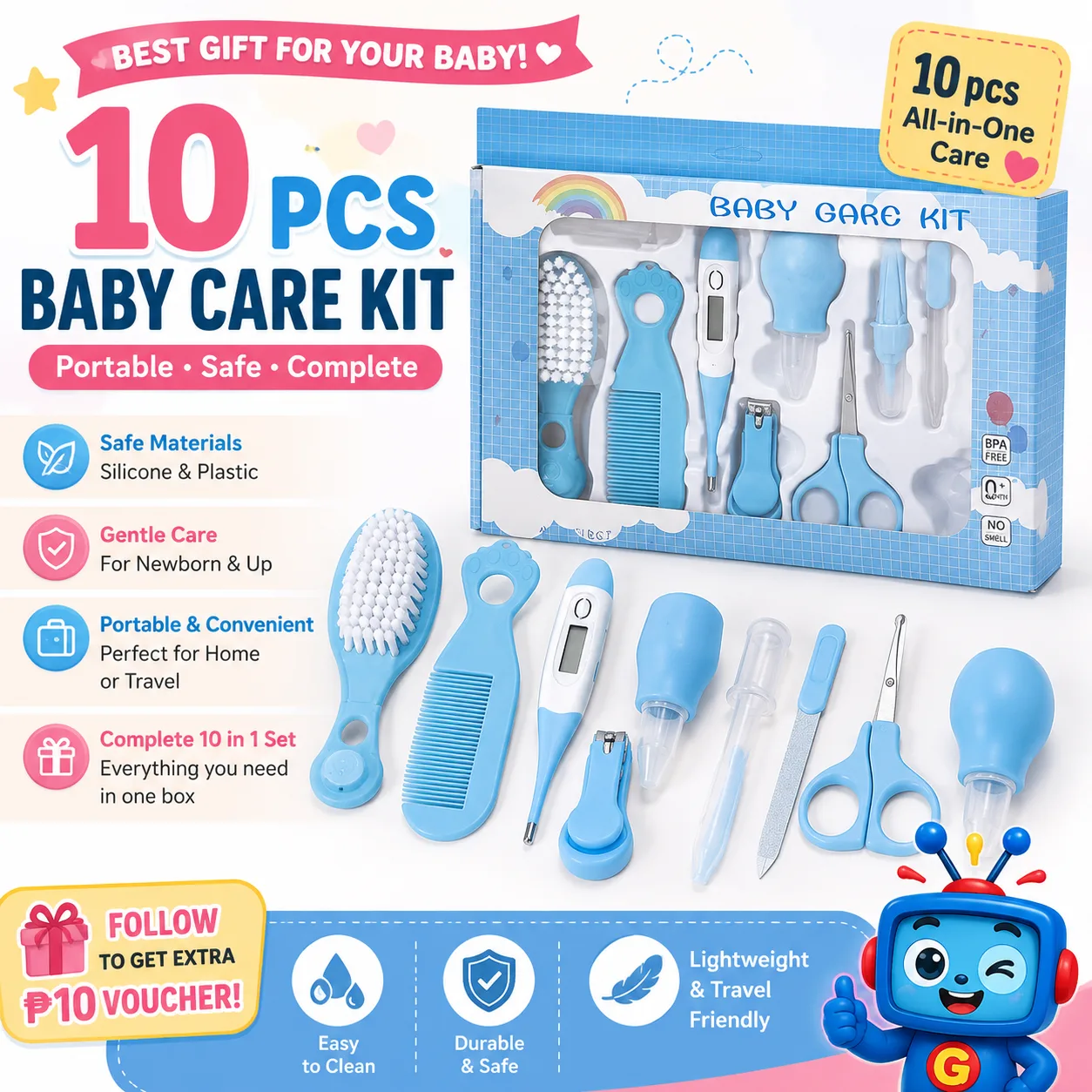 Keep baby’s everyday care essentials organized in one convenient set. This 10-piece baby grooming kit includes a thermometer, soft hair brush, comb, nail clipper, round-tip scissors, nail file, nasal aspirator, finger toothbrush, tweezers, and medicine feeder. A practical choice for newborn care at home or while traveling.