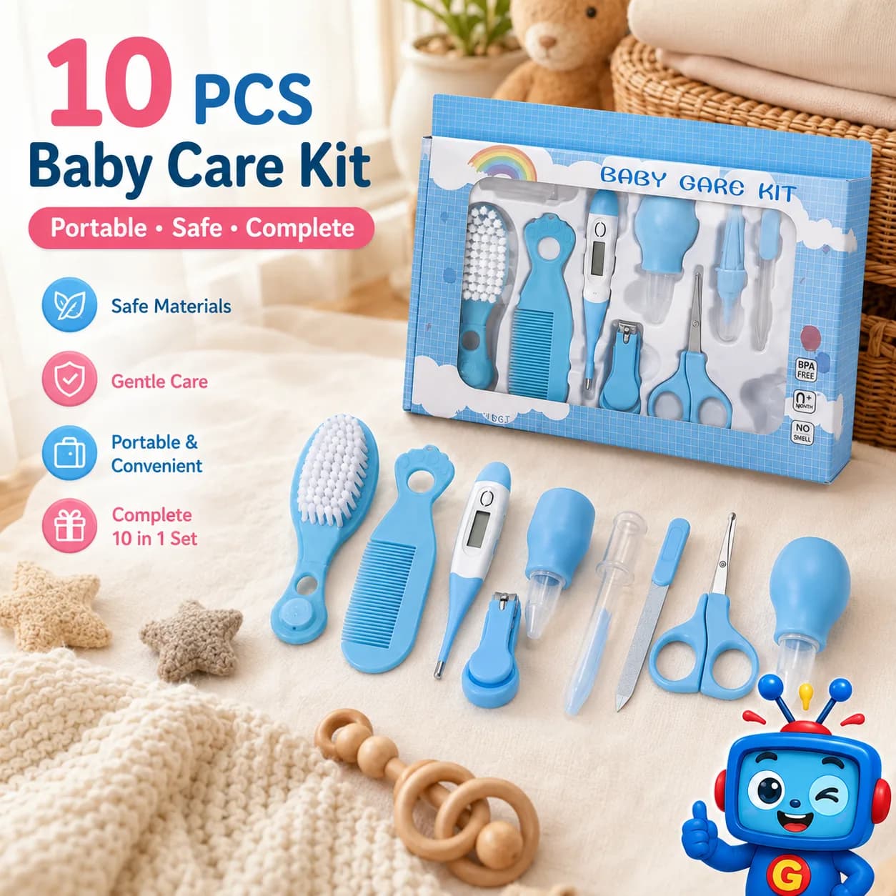 Keep baby’s everyday care essentials organized in one convenient set. This 10-piece baby grooming kit includes a thermometer, soft hair brush, comb, nail clipper, round-tip scissors, nail file, nasal aspirator, finger toothbrush, tweezers, and medicine feeder. A practical choice for newborn care at home or while traveling.