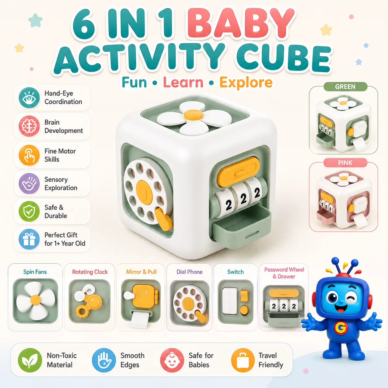 Keep little hands busy with six sensory activities, including a spinning flower, rotating clock, dial phone, switch, mirror pull, and password wheel with drawer. A compact activity toy that supports fine motor skills, hand-eye coordination, sensory exploration, and early learning.