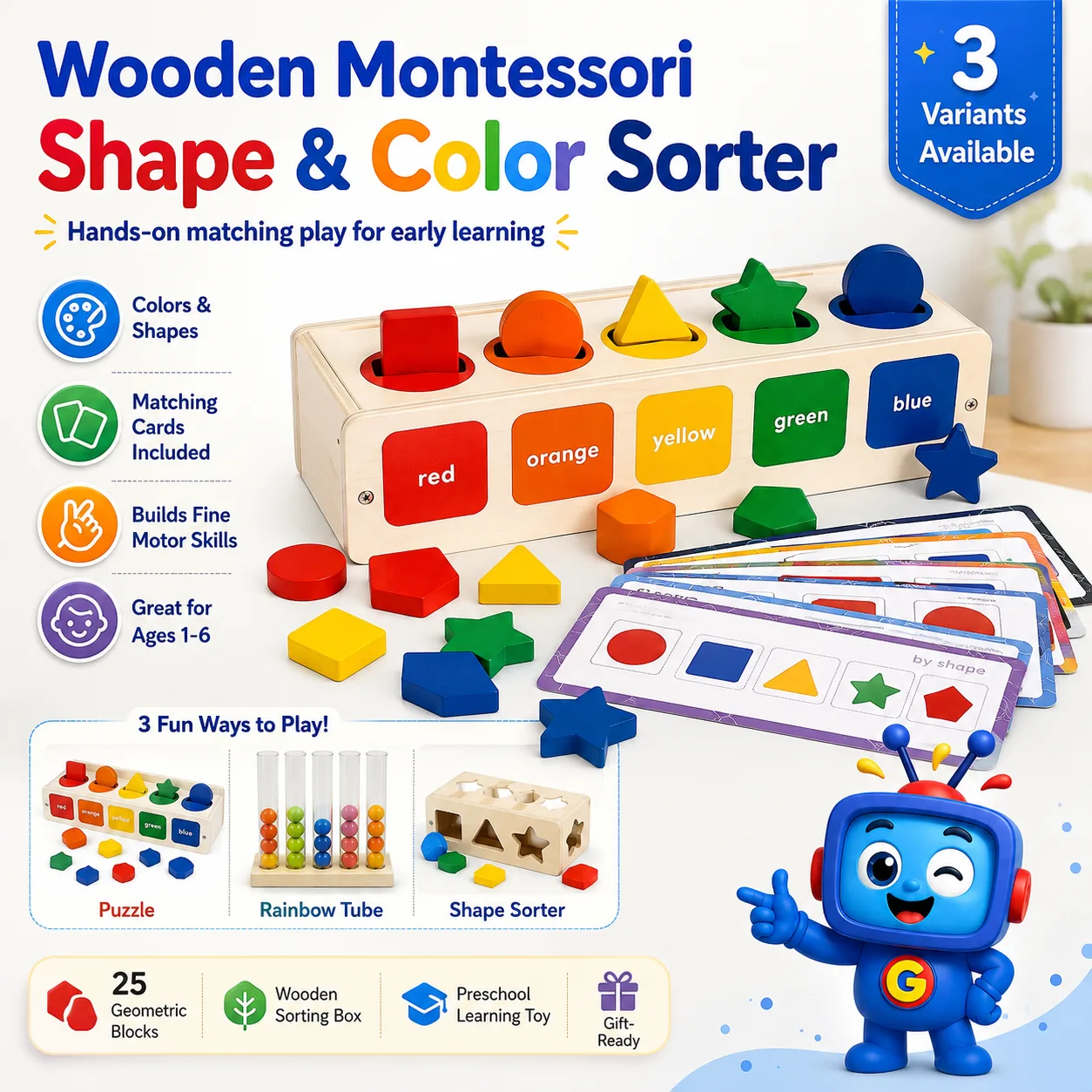 A hands-on wooden sorting toy with 25 geometric blocks and matching activity cards. It helps children practice colors, shapes, fine motor skills, matching, and early problem-solving through play.