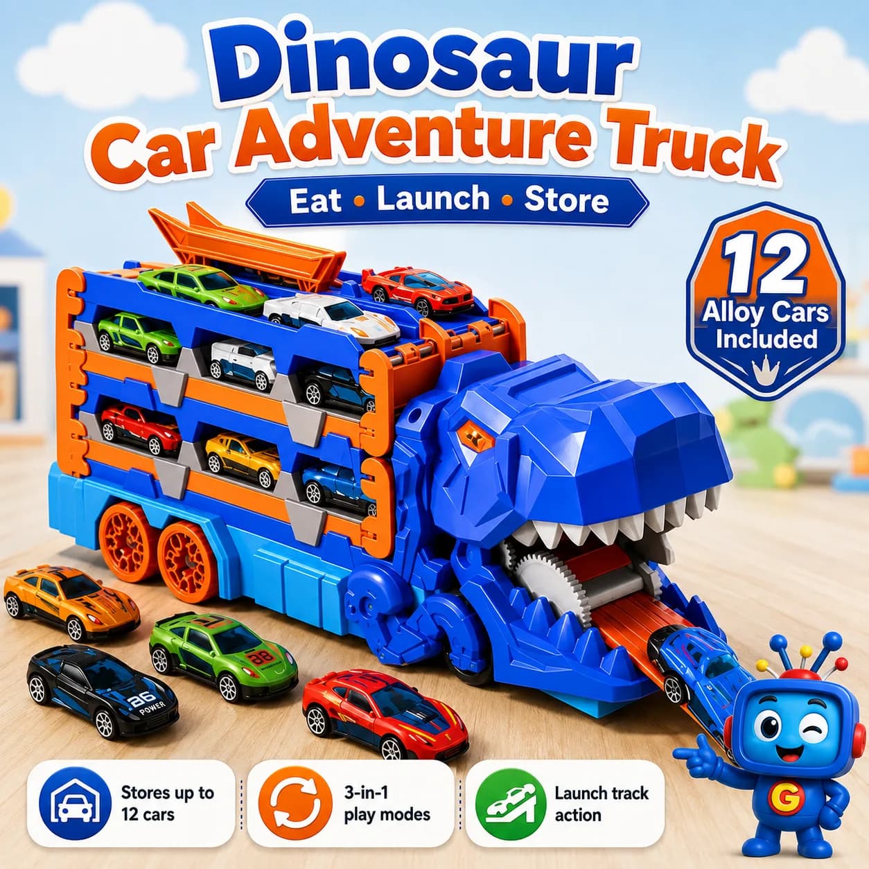 Make playtime more exciting with this Dinosaur Car Adventure Truck Toy Set. It stores, launches, and “swallows” toy cars for fun interactive play. With 12 alloy cars included, kids can enjoy racing, organizing, and imaginative dinosaur adventures all in one toy. A fun gift idea for little car lovers and dinosaur fans.