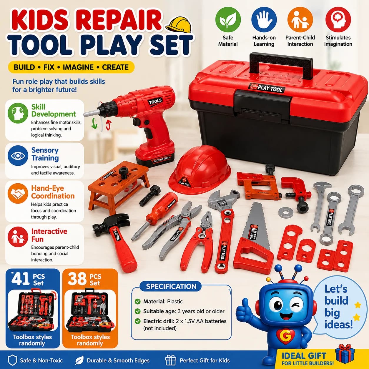 Let little builders explore, create, and learn through hands-on pretend play. This colorful repair tool set includes kid-friendly tools, a toolbox, helmet, and electric drill for fun role play while helping develop fine motor skills, hand-eye coordination, problem-solving, and imagination. Suitable for kids ages 3 years and up.