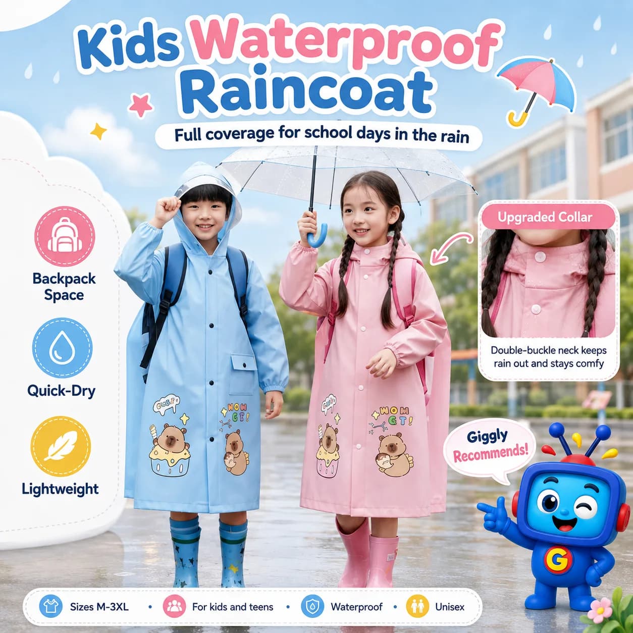 Keep your child dry and comfy on rainy school days with this lightweight waterproof raincoat. It features full-body coverage, quick-drying material, and extra back space to fit a backpack, making it ideal for kindergarten, primary, and secondary students.