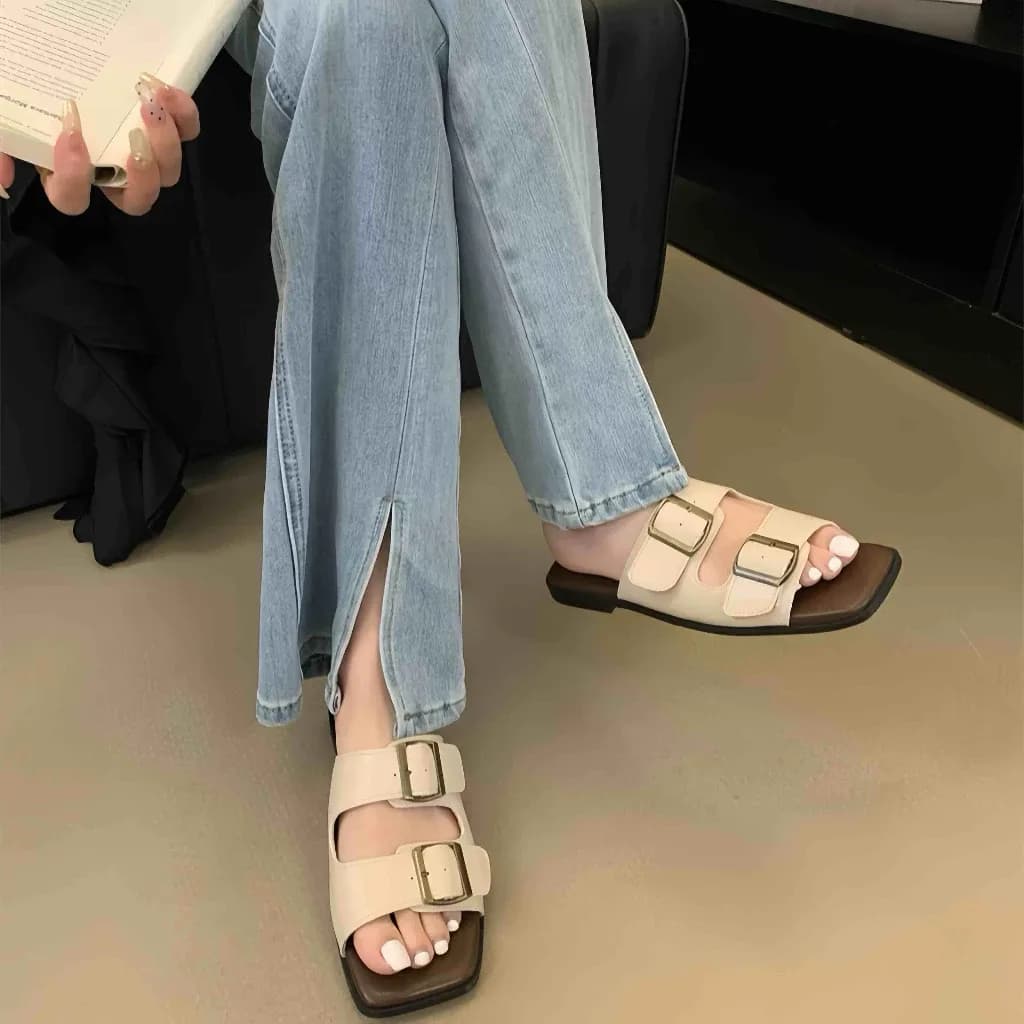 Aesthetic Two-Strap Leather Flat Sandals for Women (Order 1 Size Up)