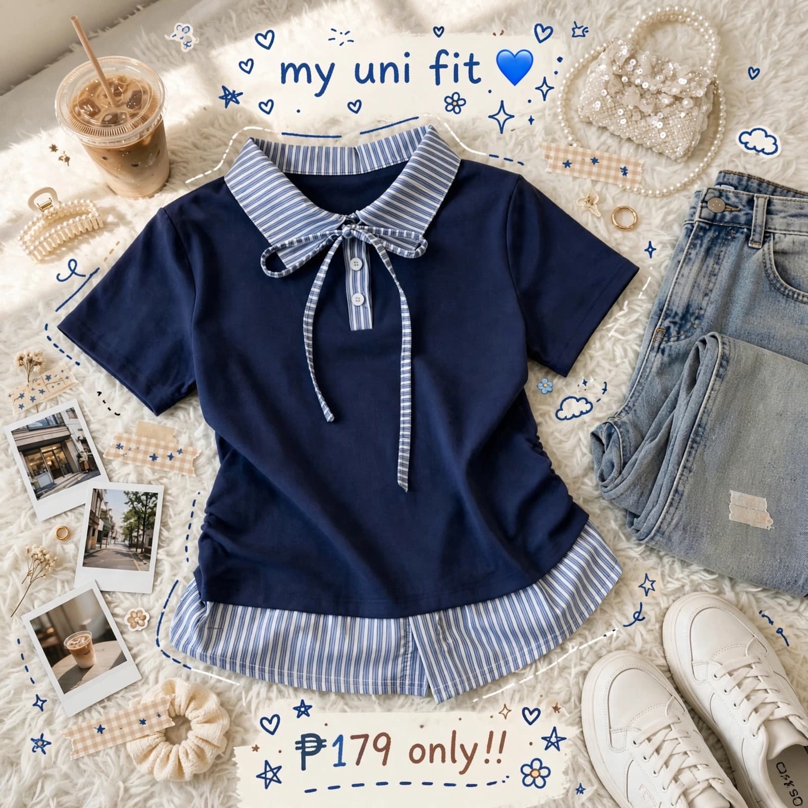 Navy Ribbon Polo Shirt ₱179 | Korean Uni Fit