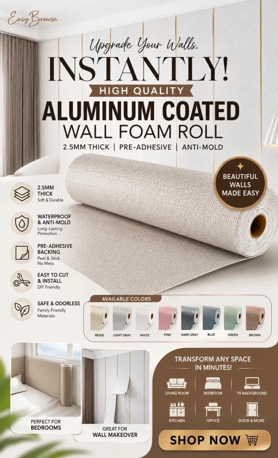 Aluminum Coated Wall Foam Roll 2.5mm thick with pre-adhesive, anti-mold,