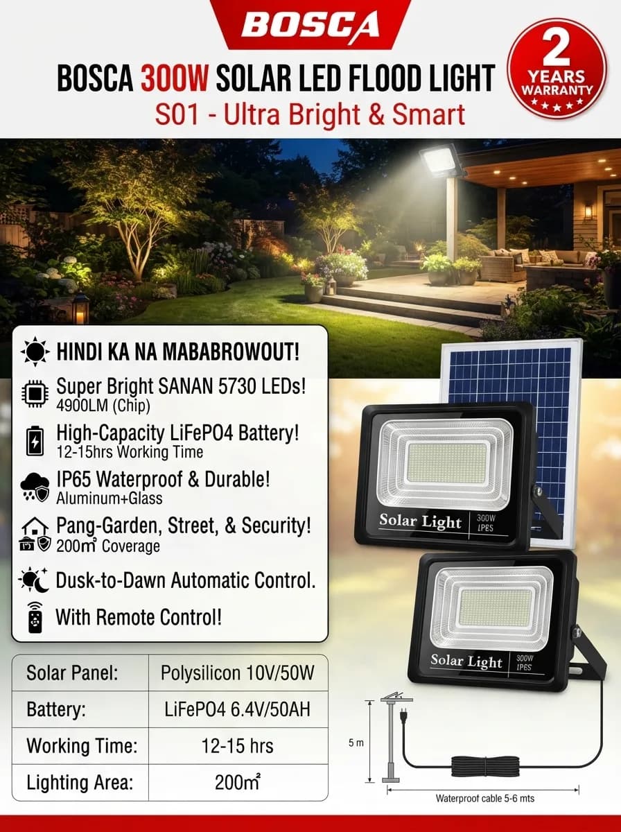 Huwag nang magpahuli sa BOSCA 300W Solar LED Flood Light! βοΈπ Super bright SANAN LEDs, malaking 200γ‘ coverage, at matibay na IP65 aluminum casing. Perfect for garden, street, at security! π§οΈπ Plus, 2-year warranty at may remote pa! No electricity cost, easy setup. Switch to solar na!