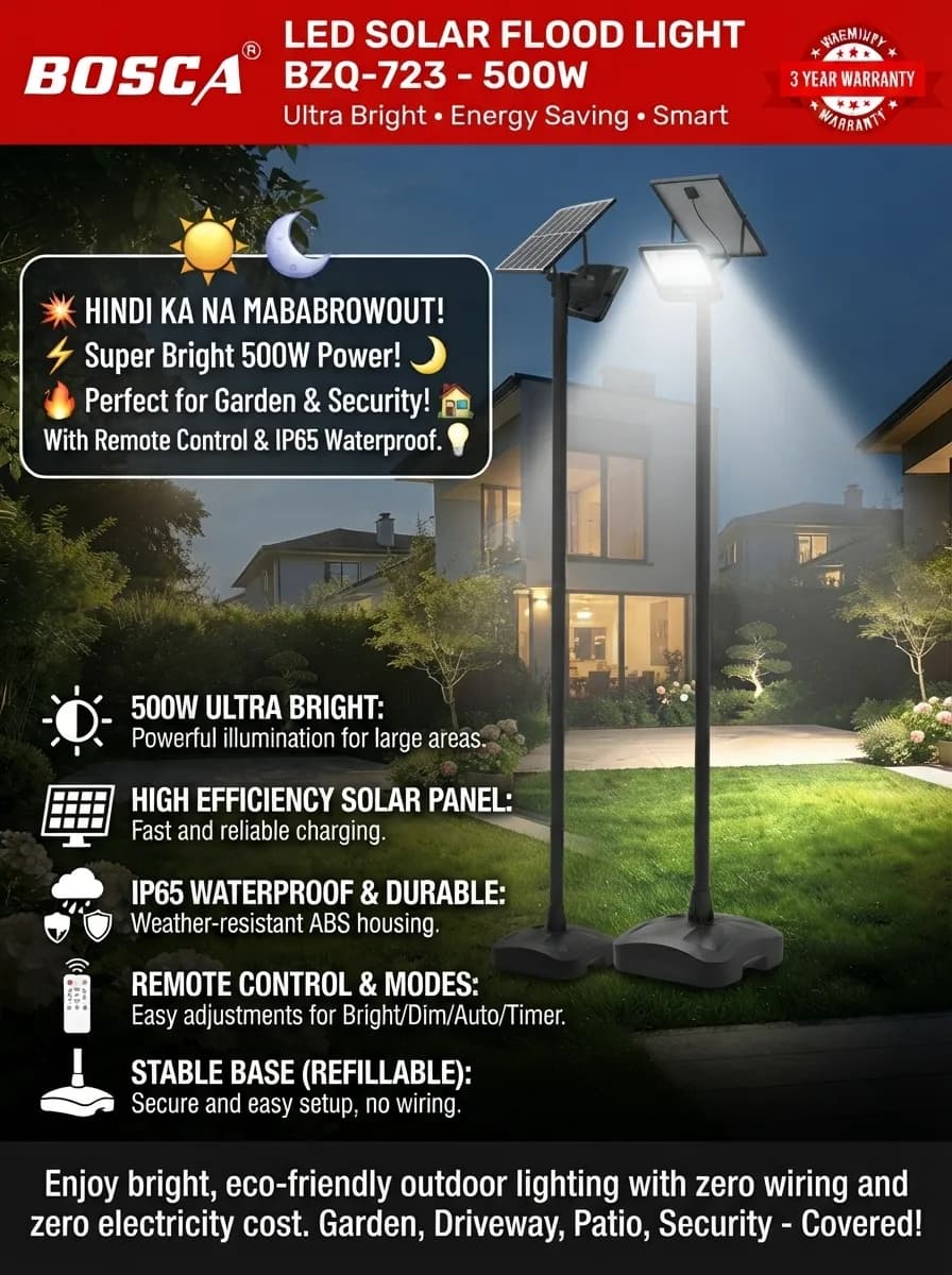 Maliwanag, tipid, at walang hassle! ☀️💡 Protektahan at pagandahin ang iyong garden, driveway, o backyard gamit ang BOSCA LED Solar Flood Light BZQ-723 (500W). Zero electricity cost, IP65 waterproof, at may remote control pa! Madaling i-setup kahit walang wiring. Order na ngayon! 🏡✨