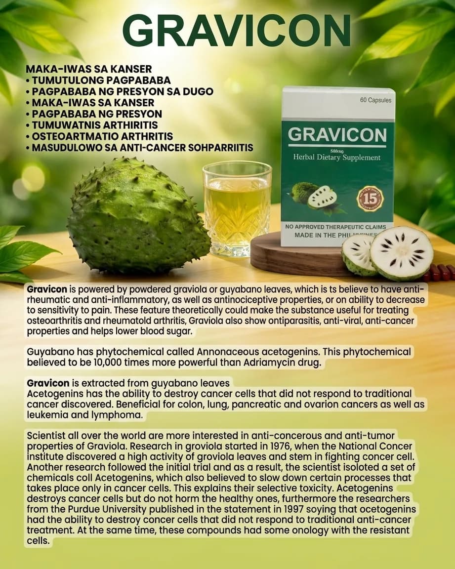 VG Gravicon is a premium food supplement derived from GRAviola CONcentrate Powder (powered by pure powdered Graviola or Guyabano). Designed to support your daily wellness, this supplement harnesses the natural properties traditionally associated with Guyabano.