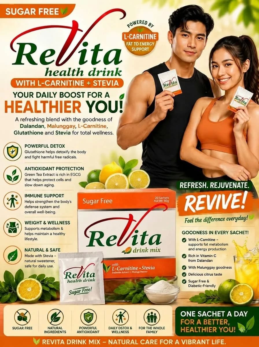 REVITA HEALTH DRINK MIX with L-Carnitine is a refreshing, sugar-free drink mix designed to help you feel refreshed and revitalized every day. With a zesty dalandan flavor and natural sweetener, it’s an easy, guilt-free sip for busy routines.