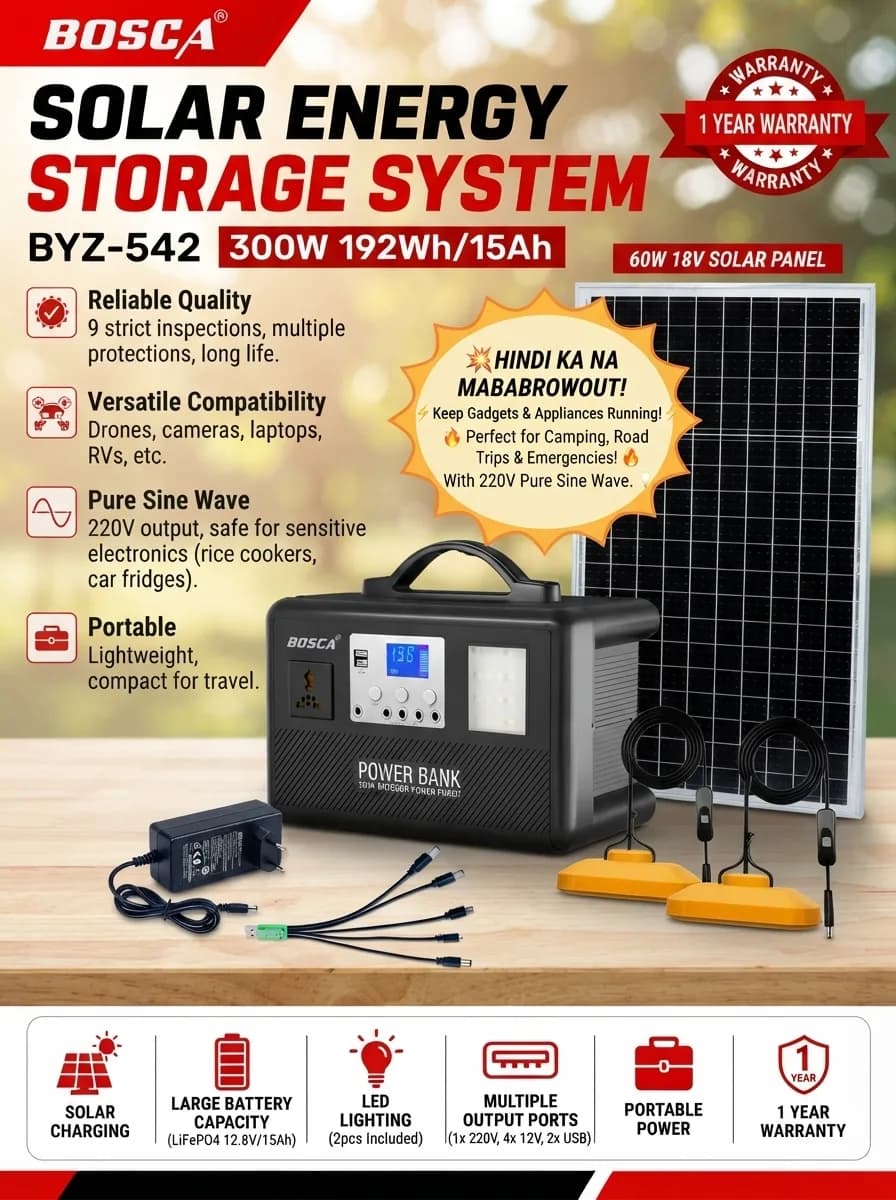 Huwag nang mag-alala sa brownout at i-power up ang iyong outdoor adventures gamit ang BOSCA BYZ-542 Solar Energy Storage Systemβsiguradong reliable dahil may 1-year warranty! π‘πβοΈ