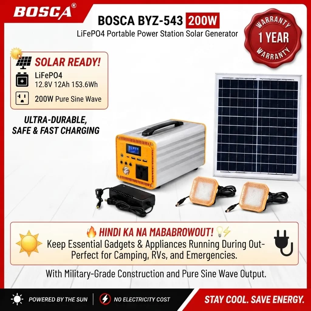 Huwag nang maabutan ng dilim at biglaang brownout! π‘ Power up your home and outdoor trips with the BOSCA 200W Portable Power Station Solar Generator. Safe, durable, and solar-ready with a 1-Year Local Warranty! βοΈπ Add to cart na!