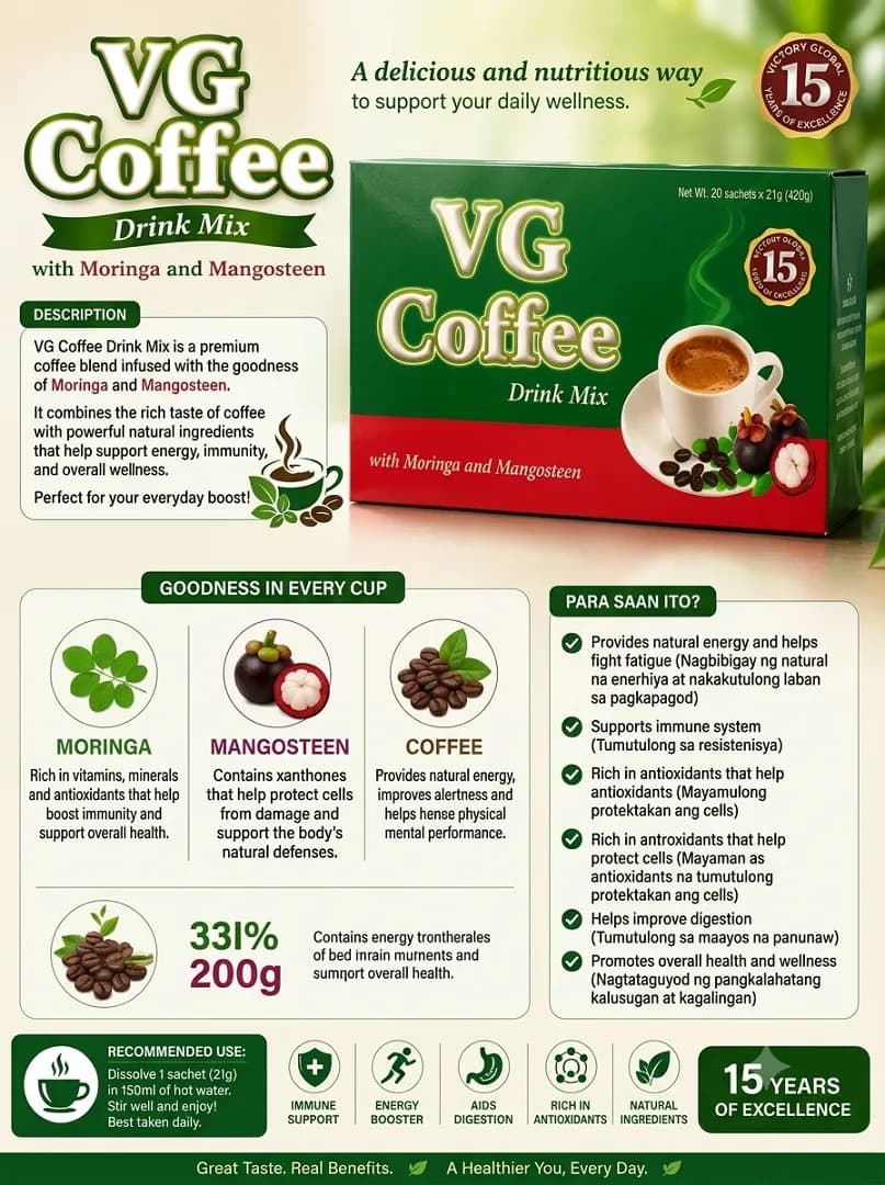 Enjoy a rich, comforting cup of coffee at home with VG Coffee Regular by Victory Global crafted to feel indulgent yet guilt-free, with a clean, uplifting finish that makes every sip feel like a daily reset.