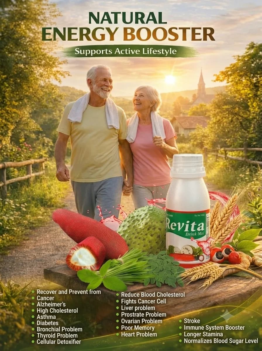 Revita Premium is a potent blend of 6 natural ingredients packaged in a convenient powdered drink mix. It comes in a unique white bottle featuring a child-protected twistable cap. When mixed with water, it turns into a refreshing red drink designed to be taken daily to help transition from slow mornings to energized days, and from feeling tired to embracing an active lifestyle.
