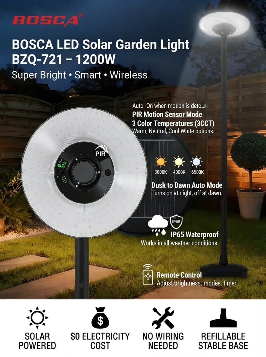 I-upgrade ang iyong garden at pathways gamit ang BOSCA LED Solar Garden Light BZQ-721! βοΈπ‘ Super bright na 1200W, may 3 color temperatures, at motion sensor pa para sa security. Zero electricity cost, zero wiring! Madali pang i-setup. π πΏ Order na!