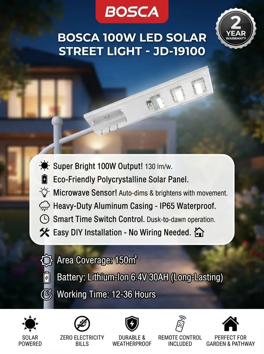 Maliwanag, matatag, at zero electricity bill! βοΈπ‘ Protektahan at liwanagan ang iyong labas ng bahay gamit ang BOSCA 100W LED Solar Street Light JD-19100. May microwave sensor na kusang umiilaw kapag may dumaan, heavy-duty aluminum casing na IP65 waterproof, at aabot ng 12-36 hours ang working time! Madaling i-setup nang walang kahirap-hirap na wiring. Order na ngayon! π‘β¨
