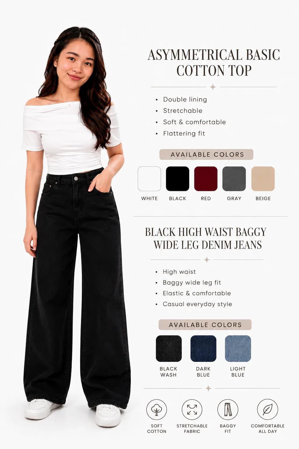 Casual Chic OOTD 🤍🖤 Simple, comfy & easy to style Asymmetrical cotton top + high-waist baggy wide-leg jeans — perfect for an effortless everyday look.
