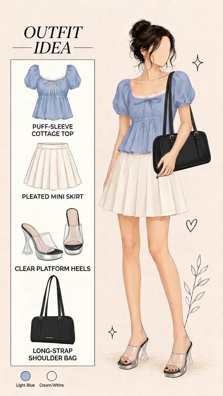 "Soft Girl & Aesthetic Date Outfit Idea 🩵✨ Perfect match ang clear heels at black shoulder bag!" #OutfitInspo #InspoTapFashion #CottagecoreStyle #SoftGirlLook #OOTDInspiration #AffiliateStyle