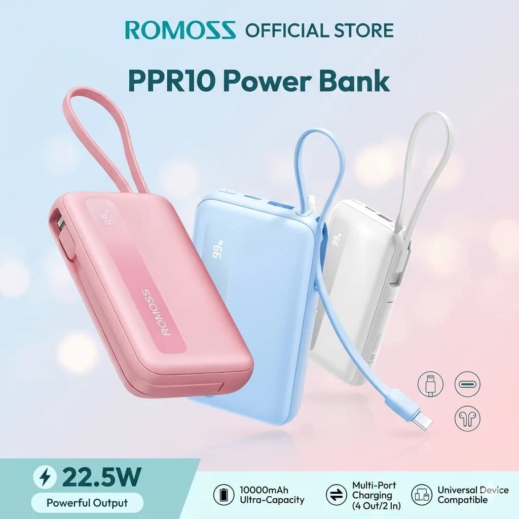 Romoss PPR10 10000mAh Super Fast Charging Built-in Cables Large Capacity UltraThin Compact Powerbank