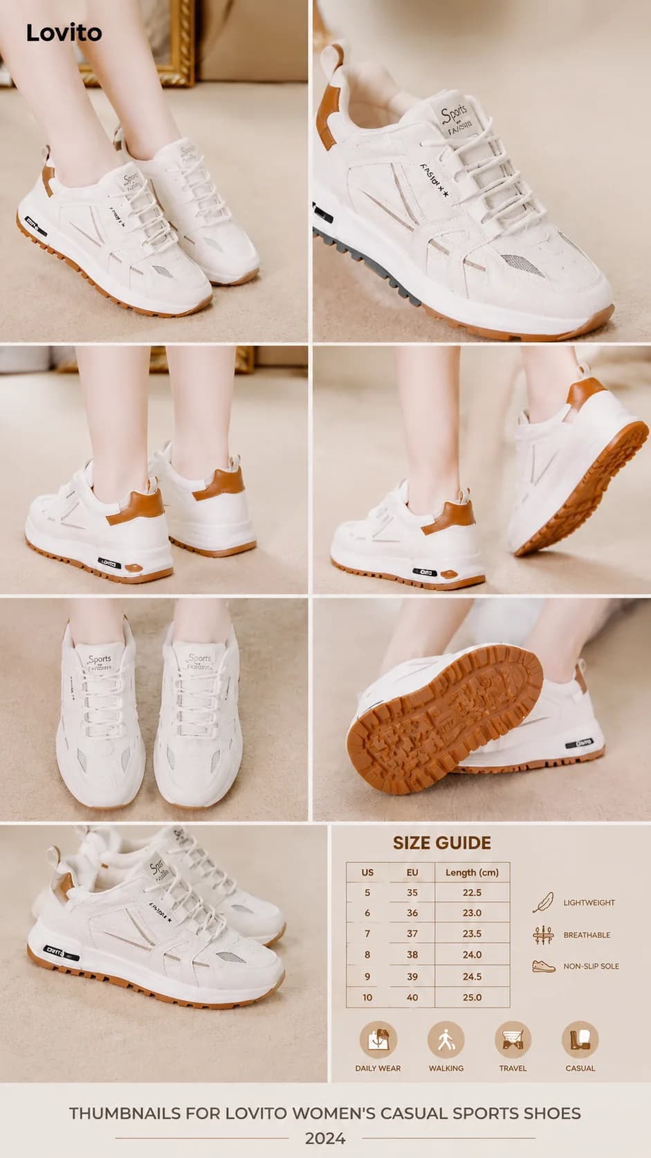 Lovito Women White Casual Sporty Plain Breathable Leather Korean Fashionable Versatile Lightweight Running Shoes Students Pickleball Sneaker LFA55315