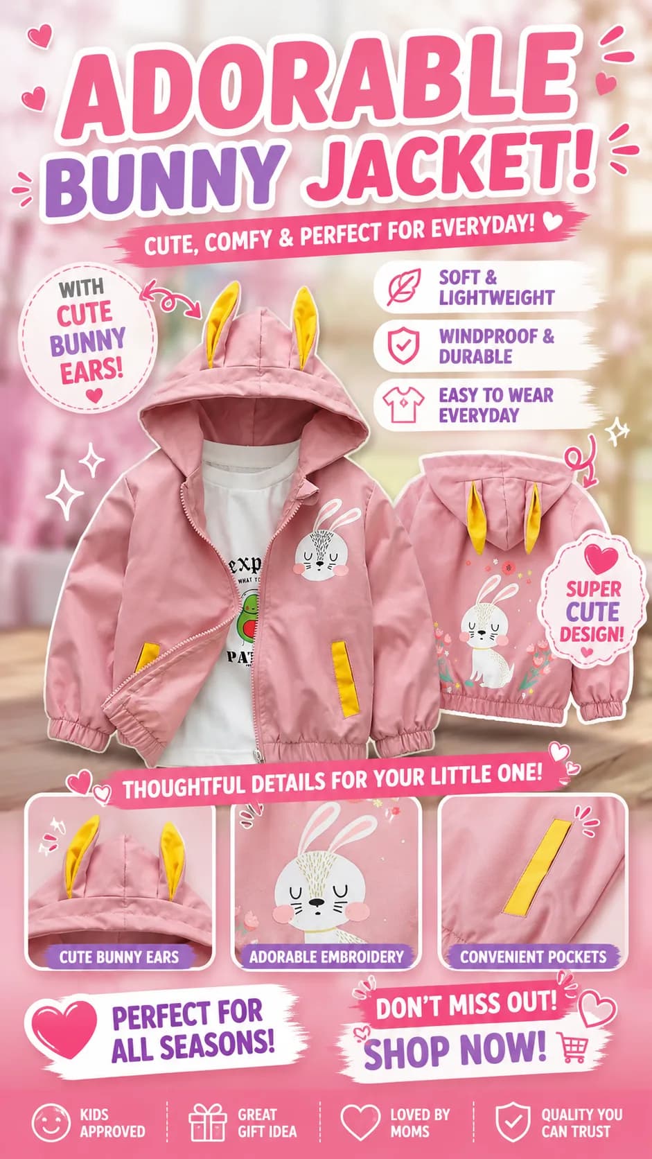 Rabbit Baby Girls Jacket Spring Autumn Hooded Zipper Girls Coat Birthday Gift Kids Clothes 1-6 Years