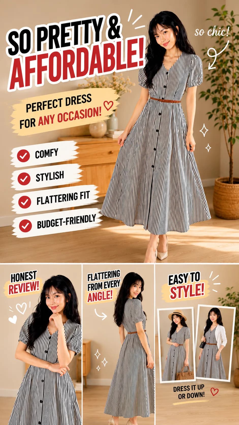 (New Arrival) (Lovito x Jess) Women Casual Dress Button Pleated Sense of Lines Spring/summer Black and White Dress DRK8P2D642