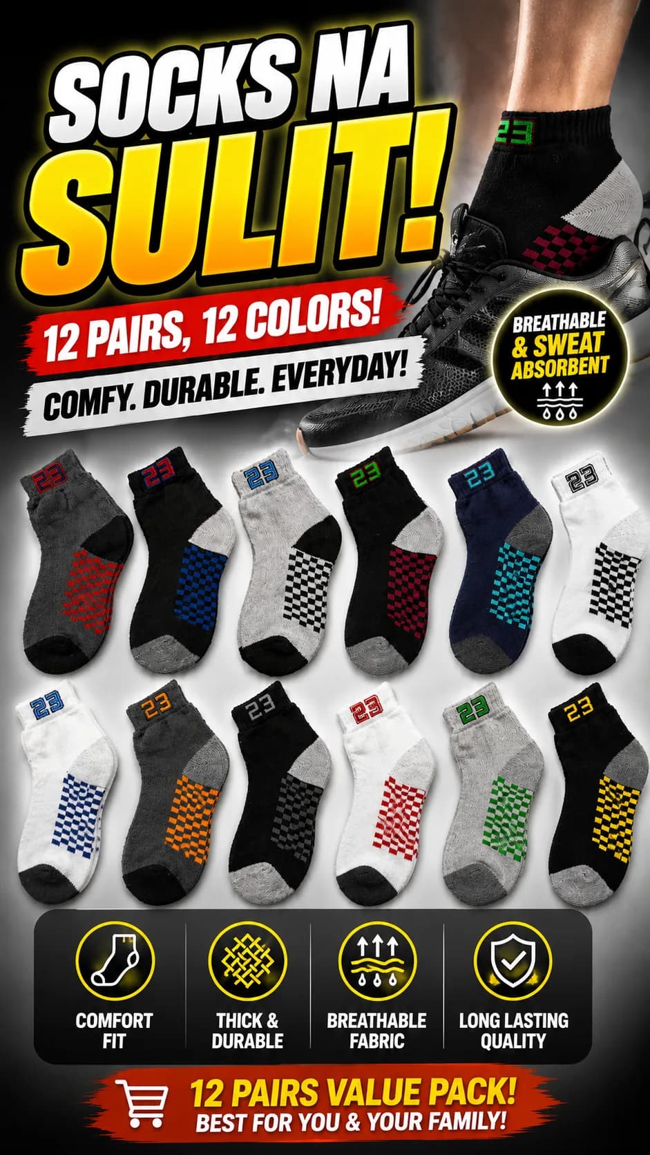 thick socks for adult assorted color 12 pairs size Medium ,Large