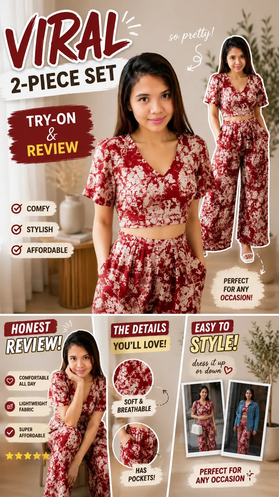 Sunny&Co Crepe Print Short Sleeves Top Terno Whit Wide Leg Pants Set