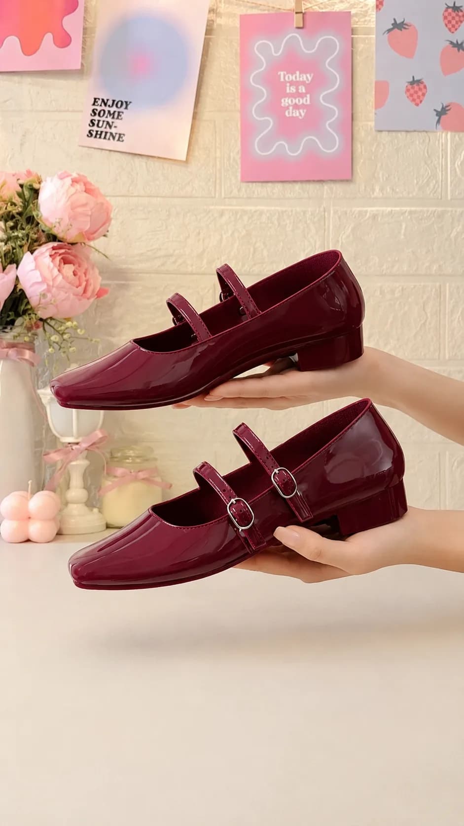 Mary Jane Single Shoes French Retro Ballet Shoes Thick Heel Red Women's Middle Heel Shoes