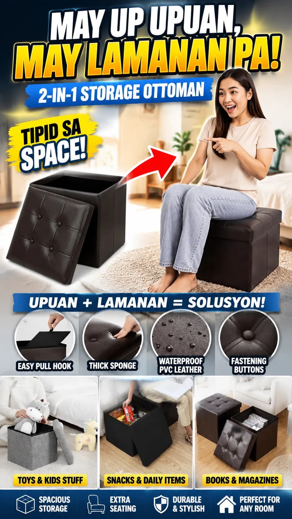 Folding Leather Storage Stool Waterproof Ottoman Storage Box Rectangular Multifunctional Adult Sofa