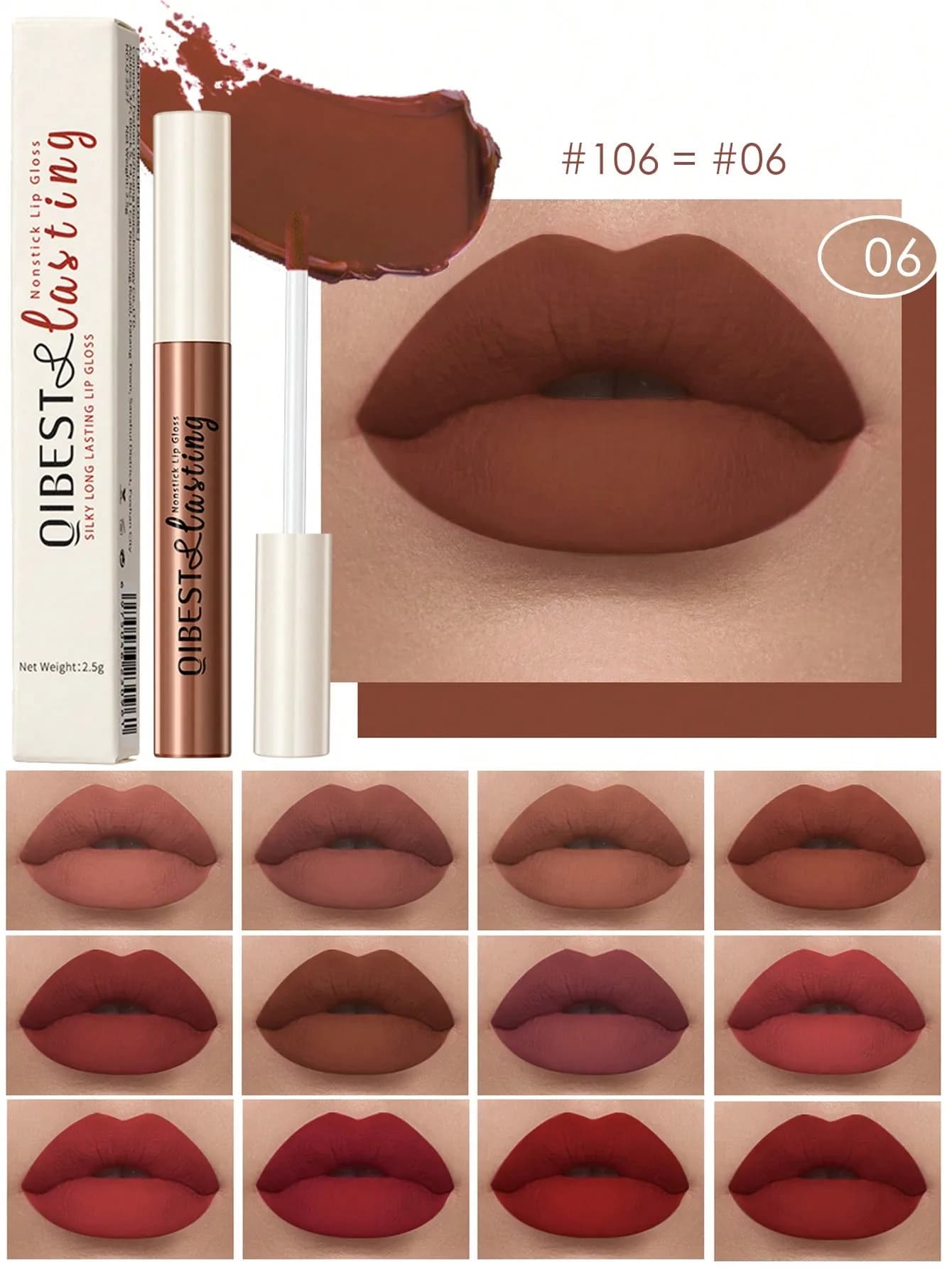 Matte Velvet Liquid Lipstick, 24Hr Waterproof Long-Lasting Quick-Drying Non-Sticky Nude Lip