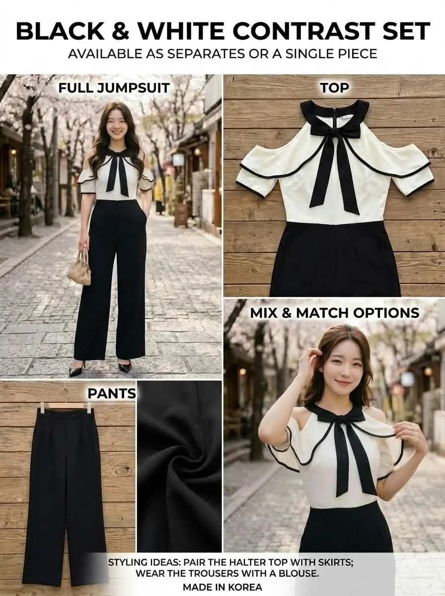 Switch up your style with our Black & White Contrast Set! Made in Korea, this versatile outfit can be worn as a full jumpsuit or styled as separate pieces. Classy, comfortable, and tailored to fit your everyday vibe ✨👉 Tap the link in bio to shop the look! :#KoreanFashion #OOTD #MonochromeStyle #JumpsuitOutfit #MixAndMatch #CoOrdSet #VersatileFashion #ChicStyle #BlackAndWhiteOutfit #StyleInspiration #WardrobeEssentials #MadeInKorea #FashionInspo
